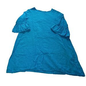 Bryn Walker Phryne Blue Linen Round Neck 3/4 Ruffled Bell Sleeve Shift Dress XL